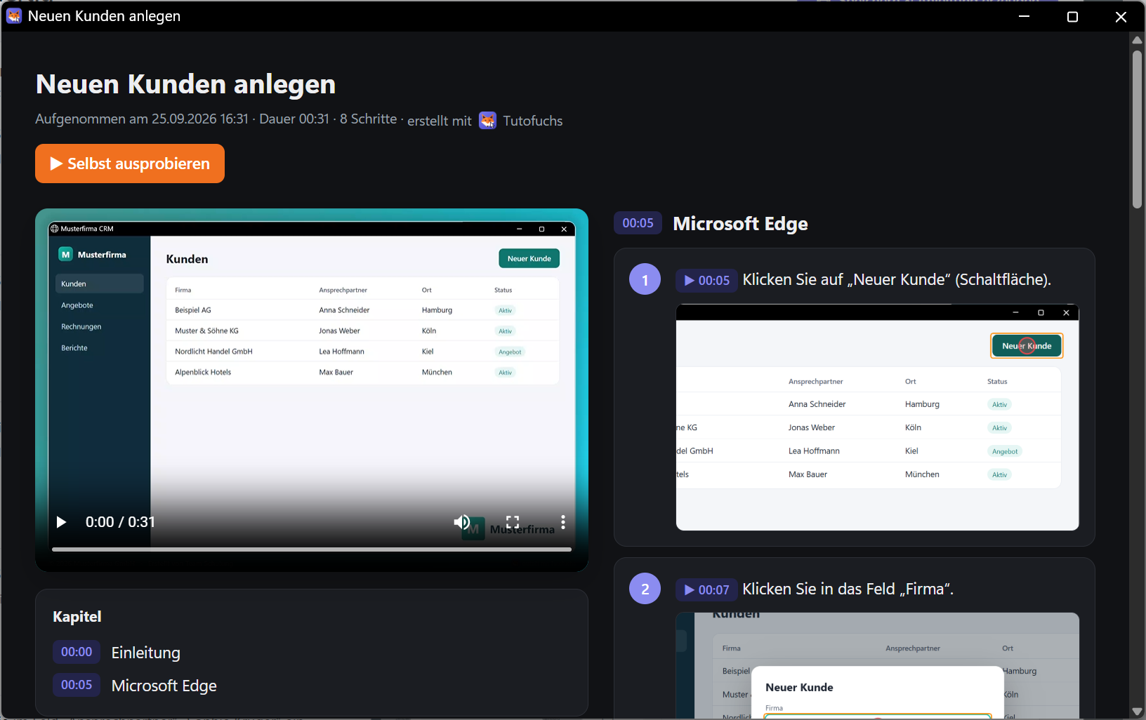Webseite mit Schulungsvideo links und nummerierten Anleitungsschritten mit Screenshots rechts