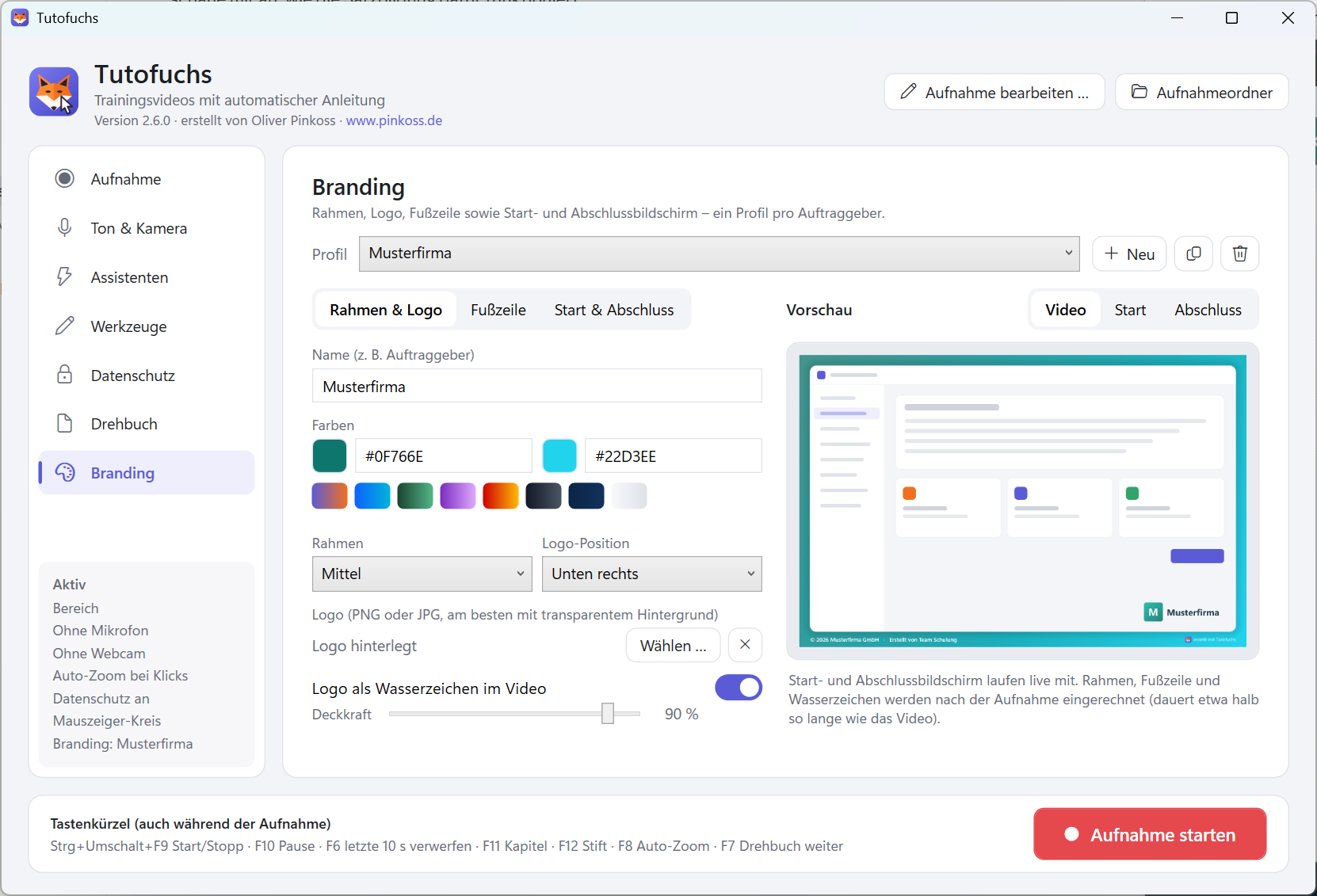 Branding-Einstellungen mit Farben, Logo und Vorschau des Videorahmens