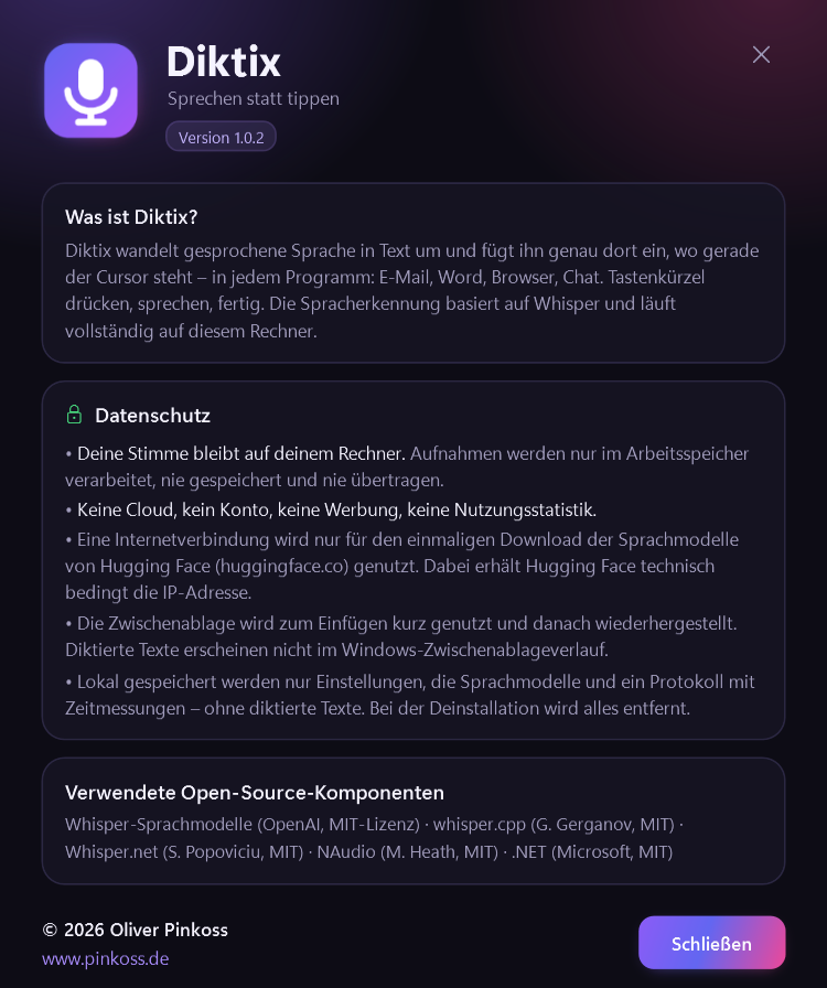 Diktix 1.0.2: Informationen, Datenschutz und verwendete Open-Source-Komponenten