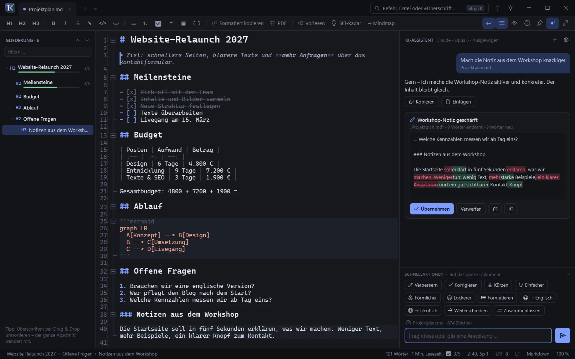 KI-Assistent mit Änderungsvorschau