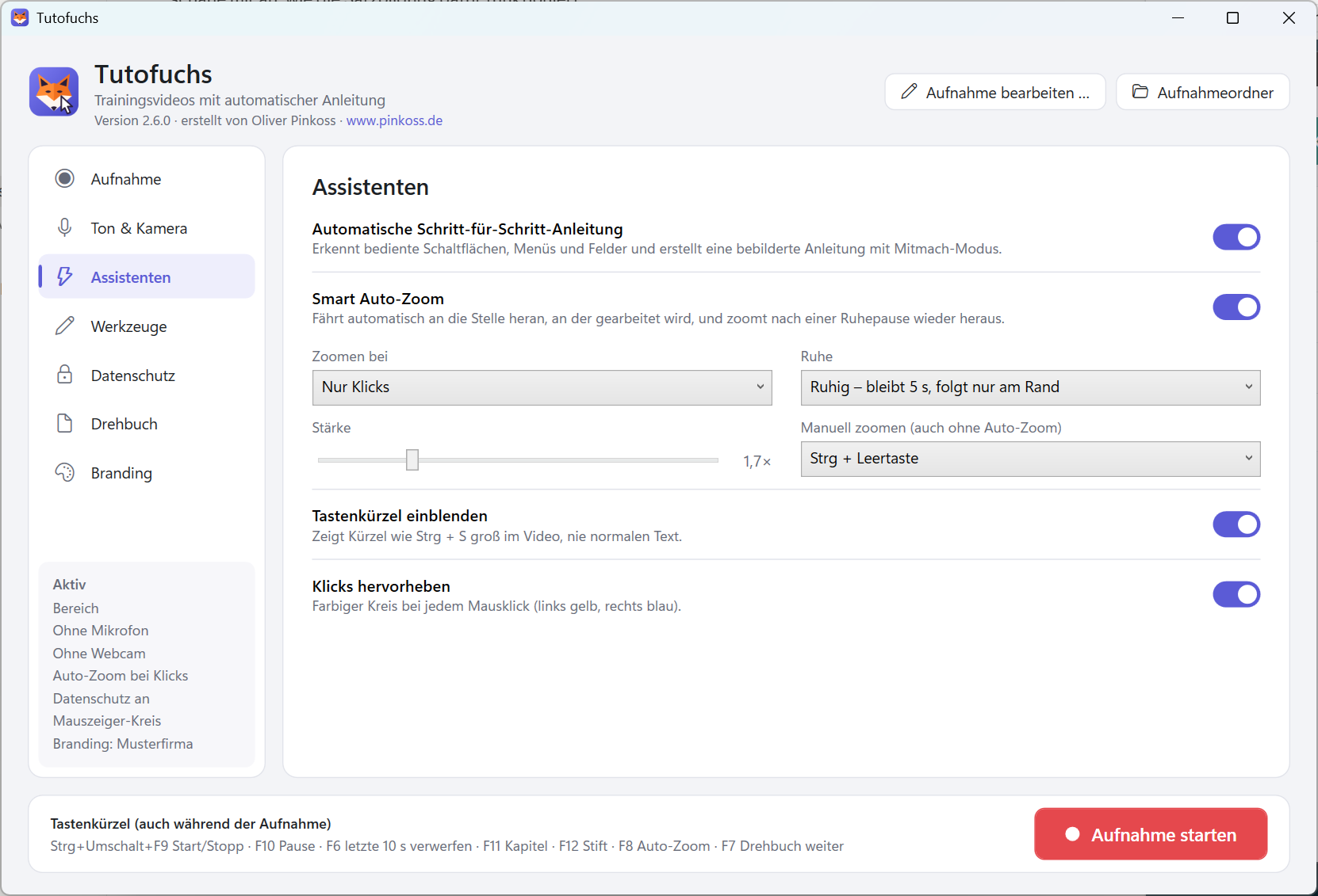 Einstellungsseite Assistenten mit Optionen für Anleitung, Auto-Zoom und Klick-Hervorhebung