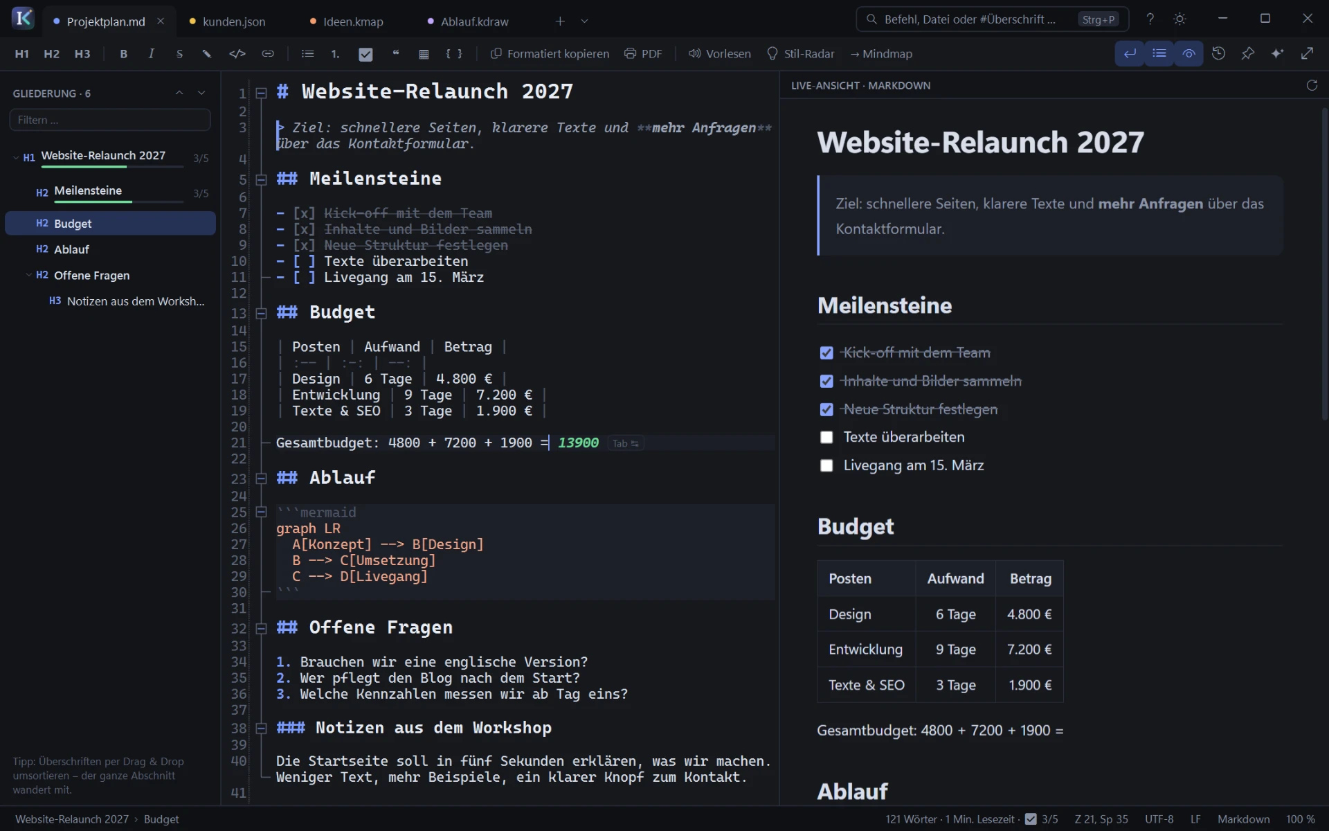 Kaltora mit Projektplan, Gliederung und Live-Ansicht