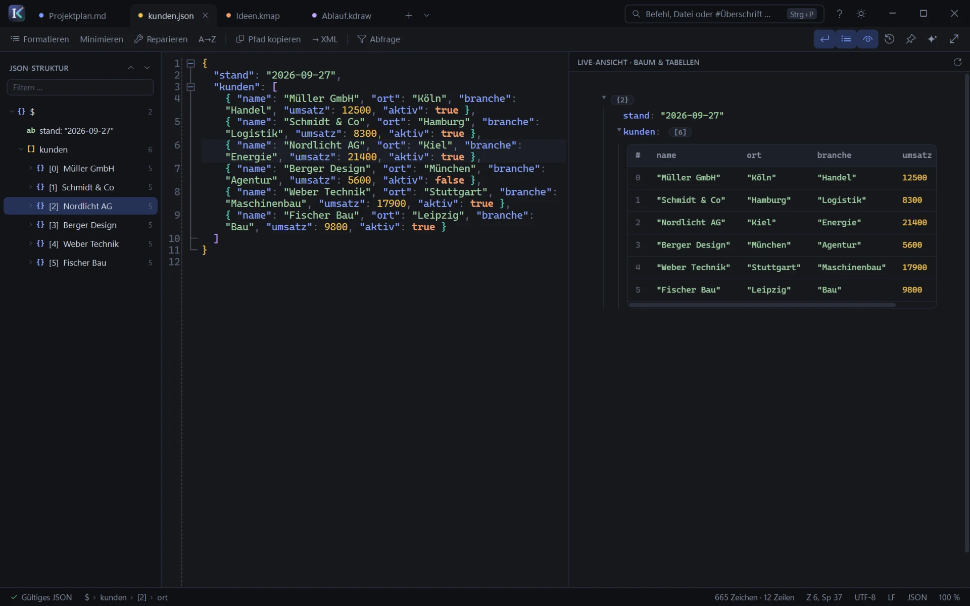 JSON mit Fehlerhinweis und Tabellenansicht